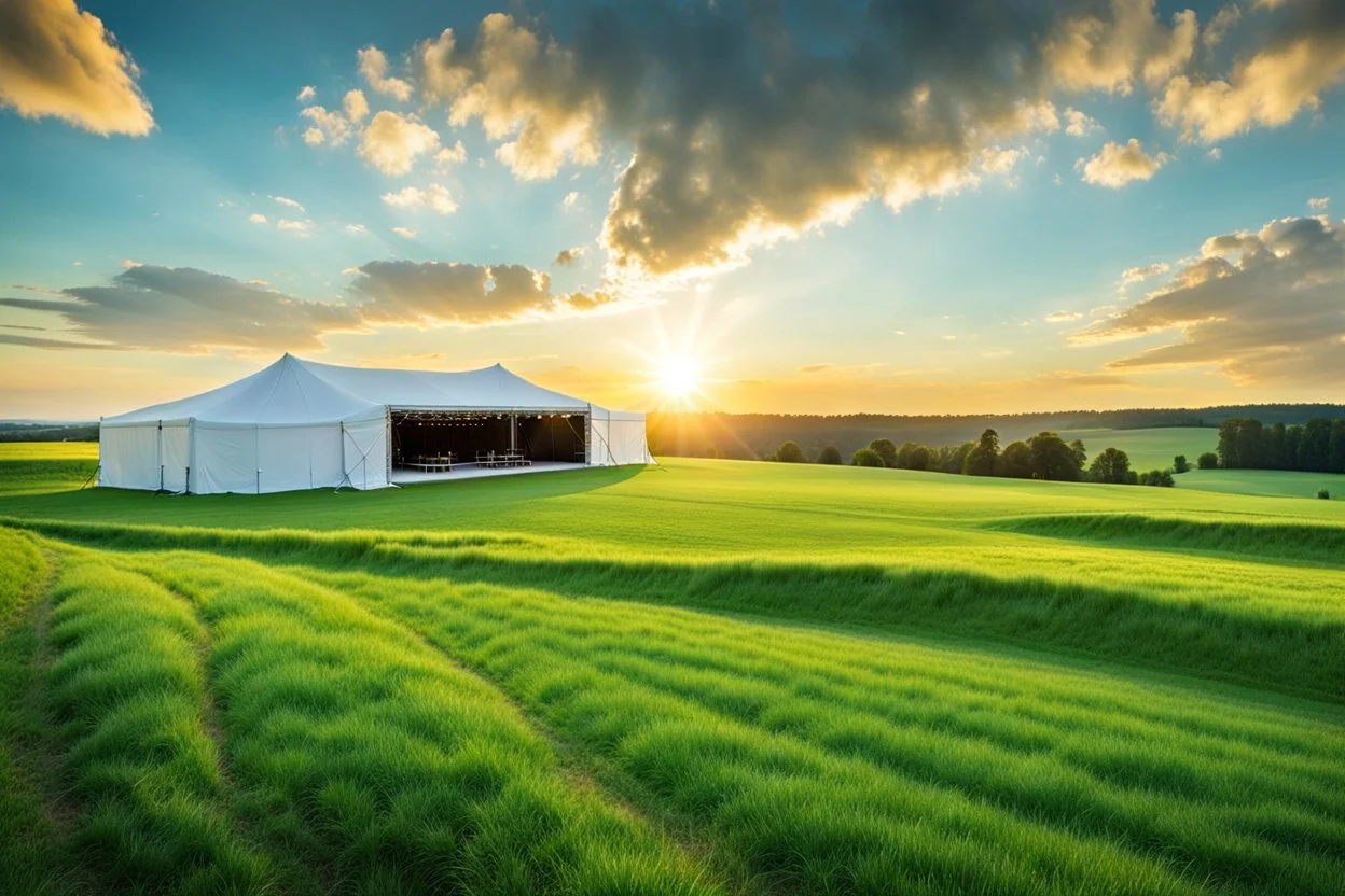 a big open disko stage in country side environment ,green field , at distance,blue sky pretty clouds ,sunset ,golden hour.