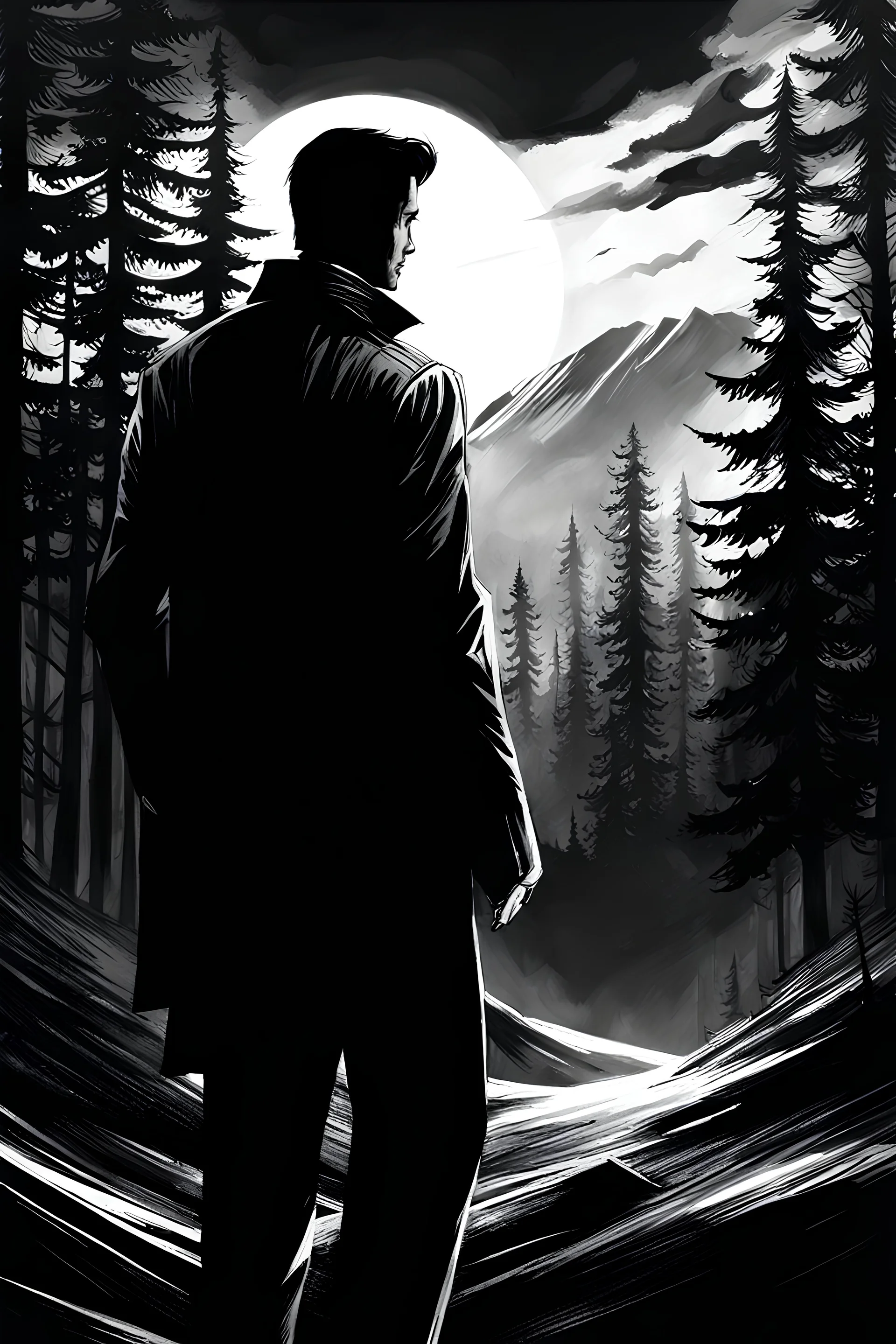Alan Wake 2, I'll show you the Herald of Darkness, negative black, white, and gray Speedpaint with large brush strokes, by Junji Ito