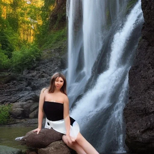 a seductive woman wearing a short dress posing by a waterfall