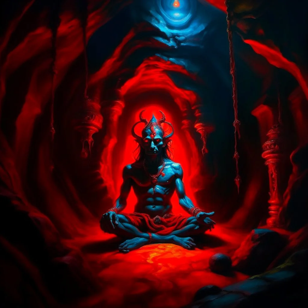 An oil painting of Hindu god YAMA in a cave, neon red colors, high detail, dark vibe