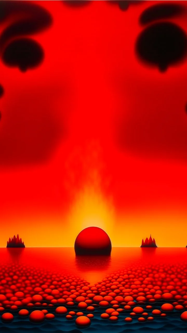 A red fiery sky with fireballs designed in Bayeux tapestry painted by Rene Magritte