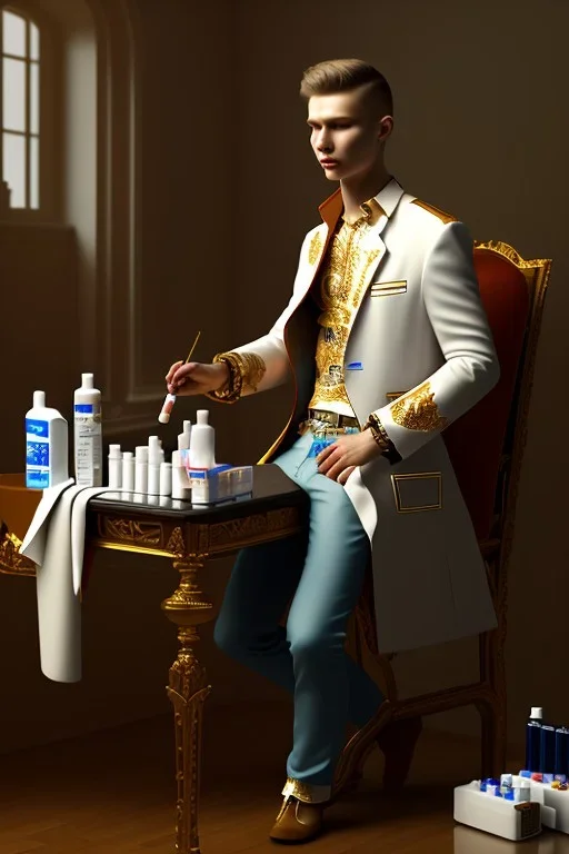 A young man sitting on a chair giving himself an injection, medicines and drugs on the table next to him, 8k, finely detailed, photo realistic.