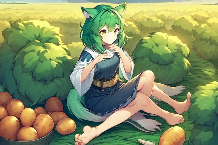 Girl, green hair, wolf paws in hand, farm, sit, wolf paws in feet, blushed, potato, wolf hand