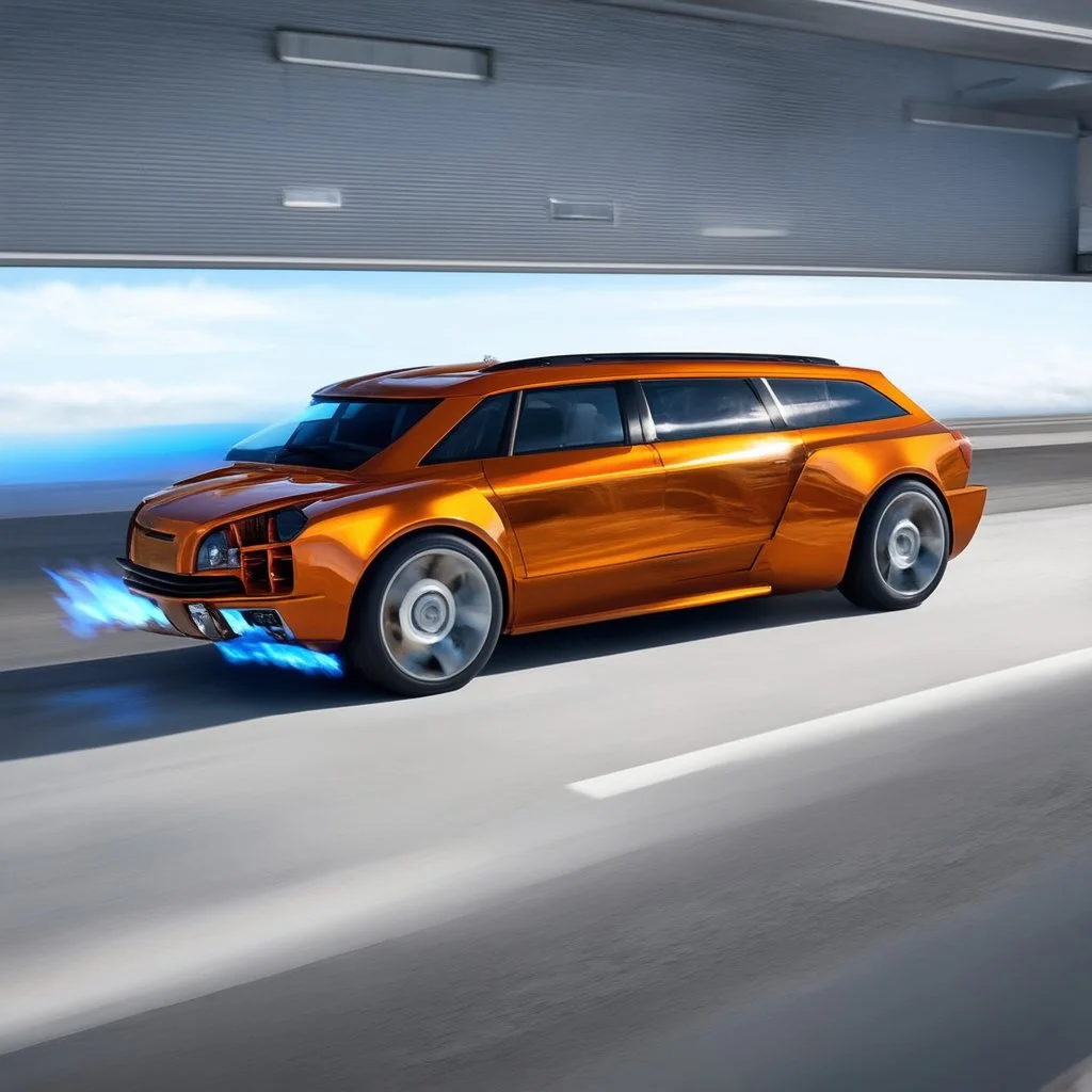 award winning car and driver photograph of a futuristic station wagon fighter-jet genetic-splice designed by only one vehicle per image painted metallic orange traveling at a high rate of speed, jet intake off of front center of vehicle and jet exhaust out the rear with bright blue flame, bilaterally symetrical, more a high speed road vehicle