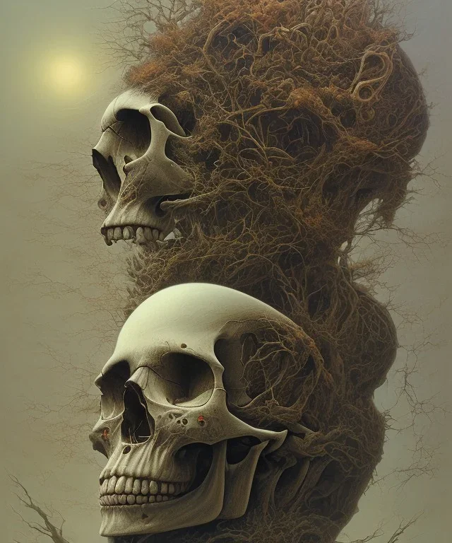 skull and neural network. oil on canvas, beksinski, poster