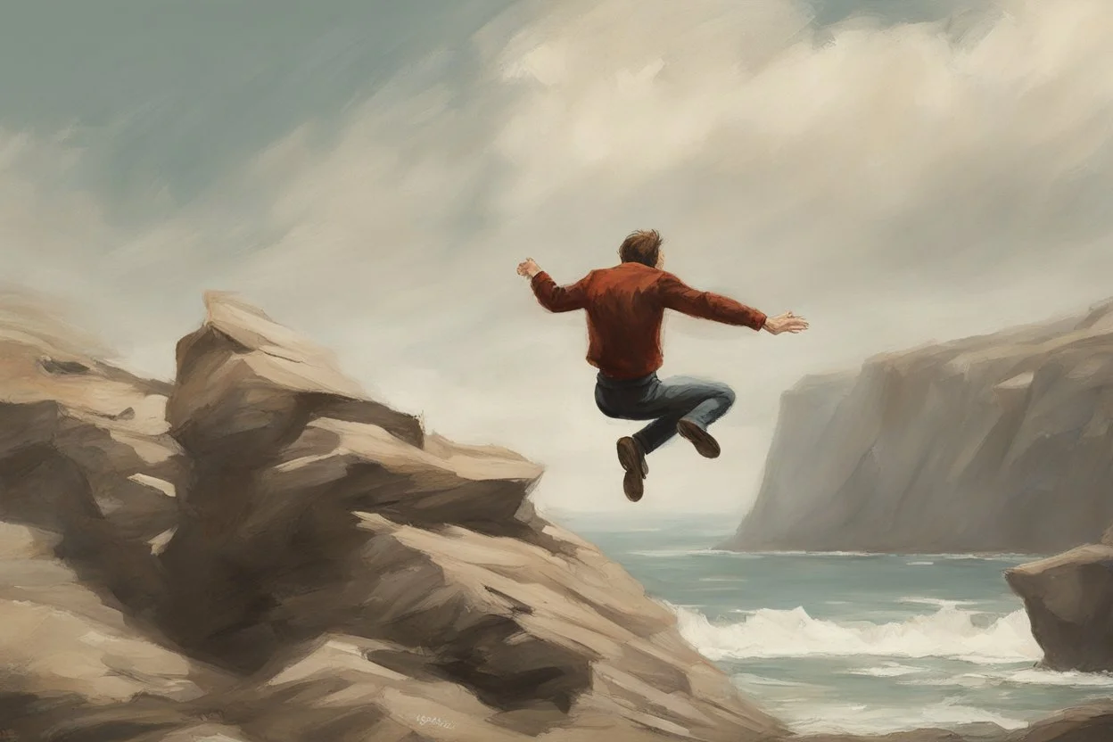 man jumping from the cliff by phil hale