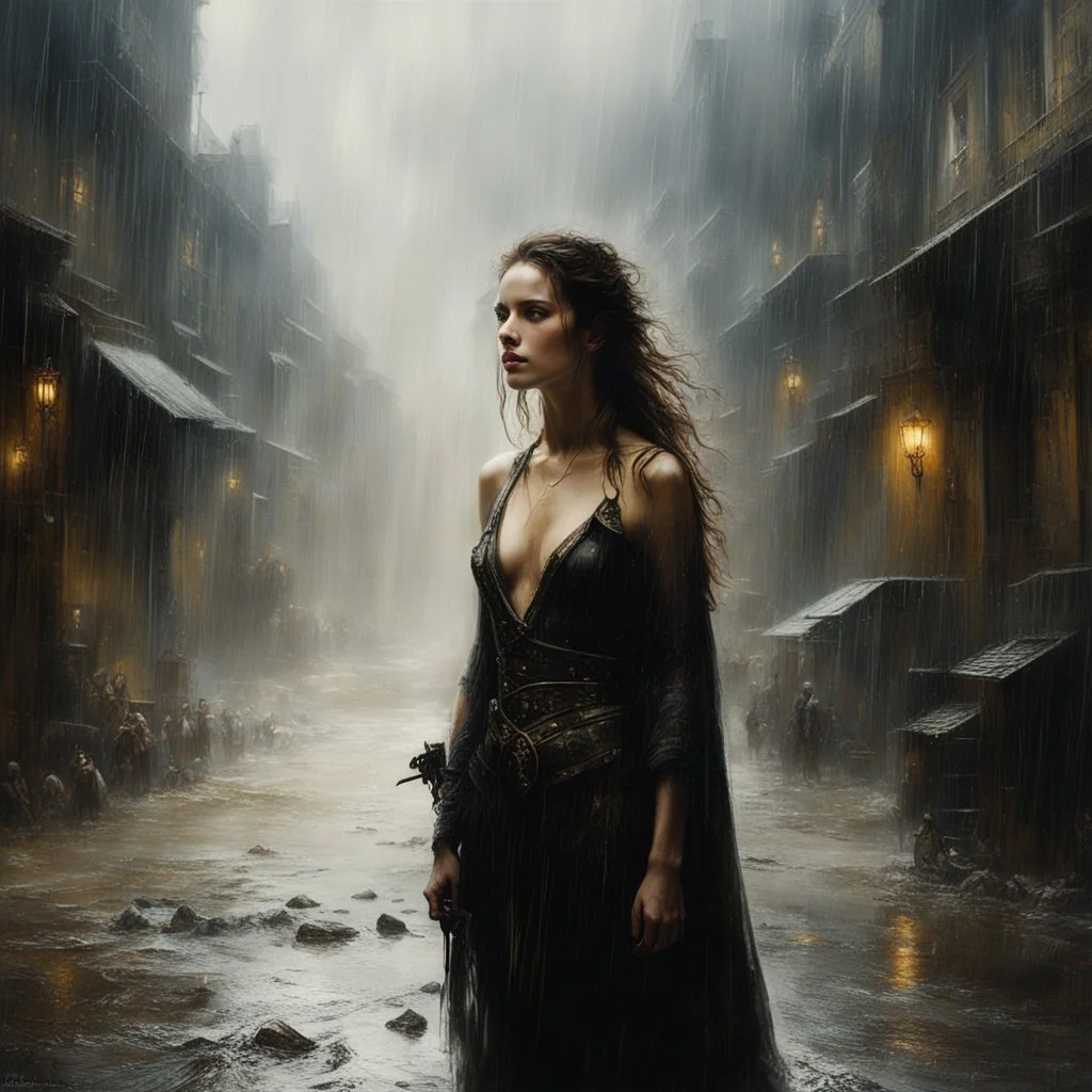 [photography by Titian, Rembrandt van Rijn, by Jeremy Mann, Luis Royo,] As the storm unleashed its full fury upon the town, rain poured down in torrents, washing away the grime and decay that had settled upon the machines. Maria Magdalena extended a hand, her touch infused with warmth and understanding. One by one, the machines lowered their weapons, their metallic armor clanging against the ground.In that moment, amidst the chaos and destruction, a fragile bond formed between Maria Magdalena an