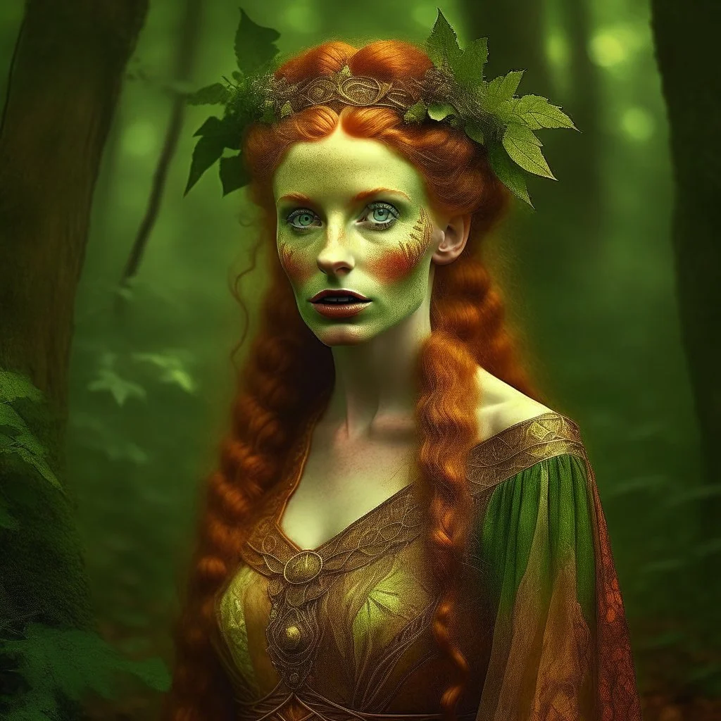 an attractive ginger faun woman in the forest, medieval clothing, deviantart, fantasy, aged 19