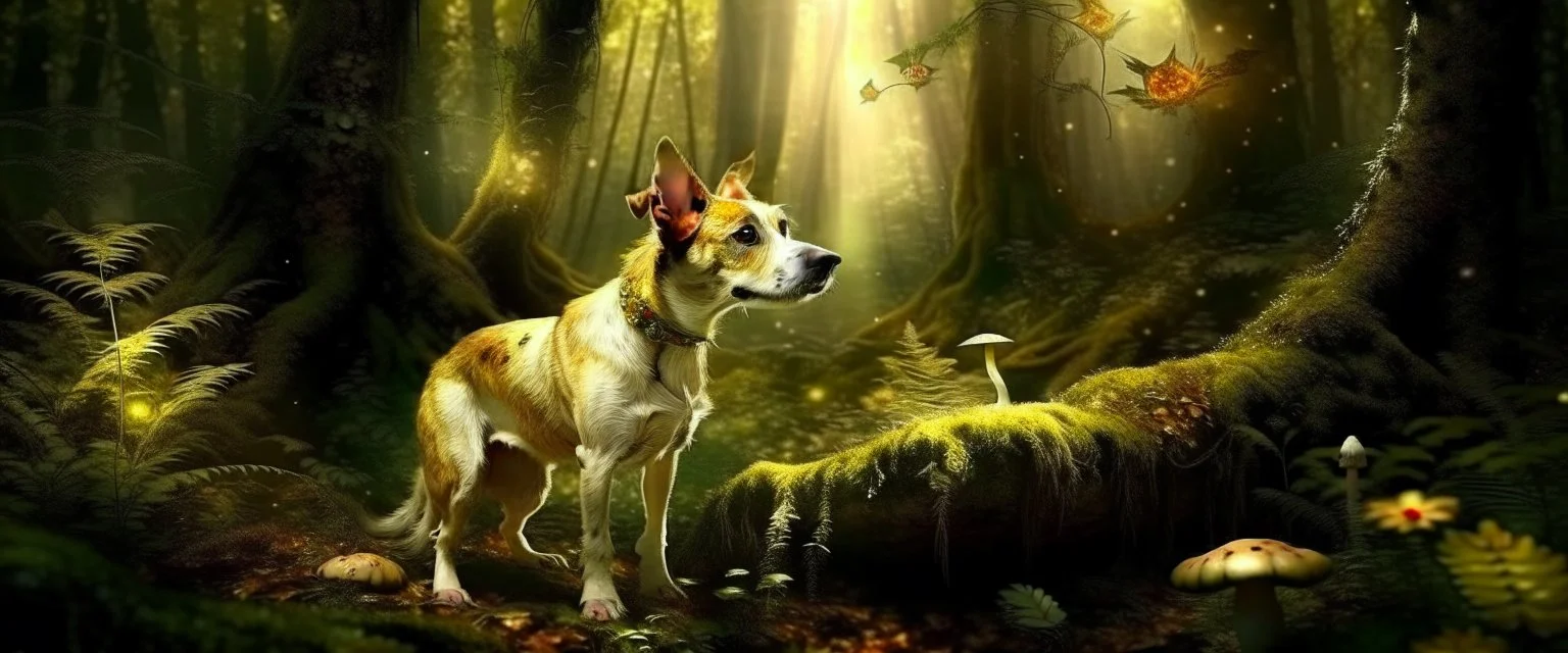 dog pixie quickling in magical forest scene, in the style of Rembrandt