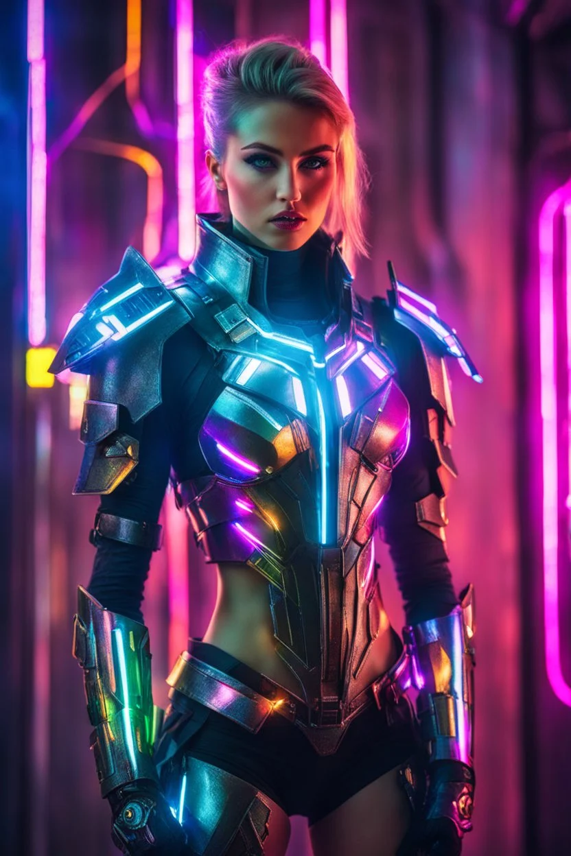 photography super model Russian Beautiful woman dressing futuristic cyberpunk armor, colors lighting, extreme neons colors lightning, surrounded by colors electricity