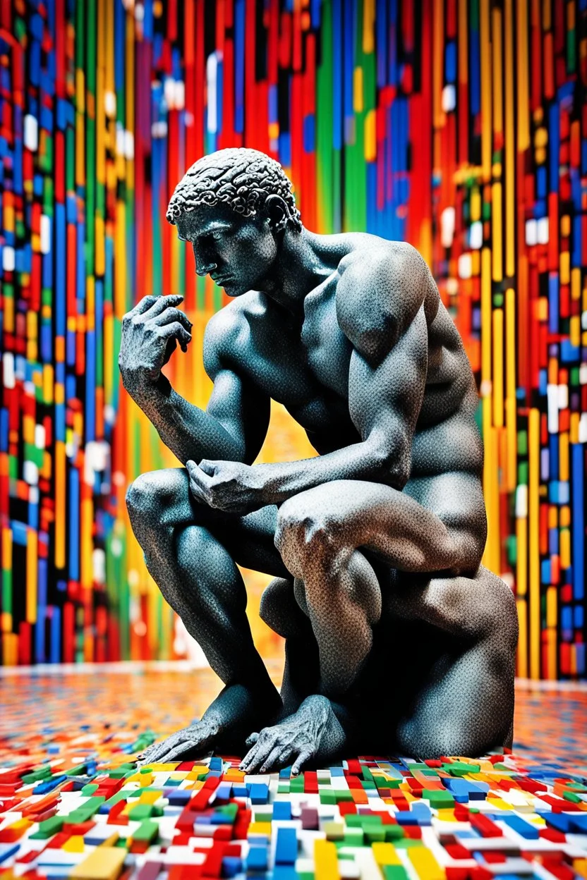 Artistic photo in the audacius style of Jill Greenberg, upclose striking image about "The Thinker statue", the statue as main focus in a white room with his body covered in movie scene shadows playing on the body about news and movie scenes. Exploding into the air are colourful matrix data and virtual numbers, on the floor are broken pieces of statue, questioning the role of deep thought in an increasingly digital and disconnected world