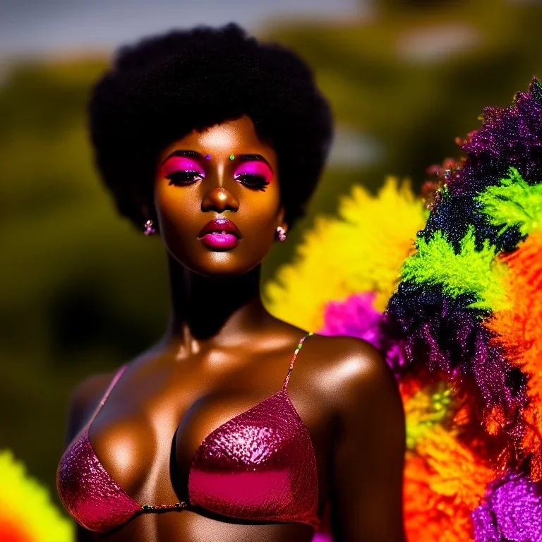 masterpiece, best quality, woman, dark skinned, sparkling eyes, fluorescent skin, colorful makeup, afro, full body shot, highly detailed body, sun light, 4K, RAW, depth of field, high contrast, realistic details, 24mm