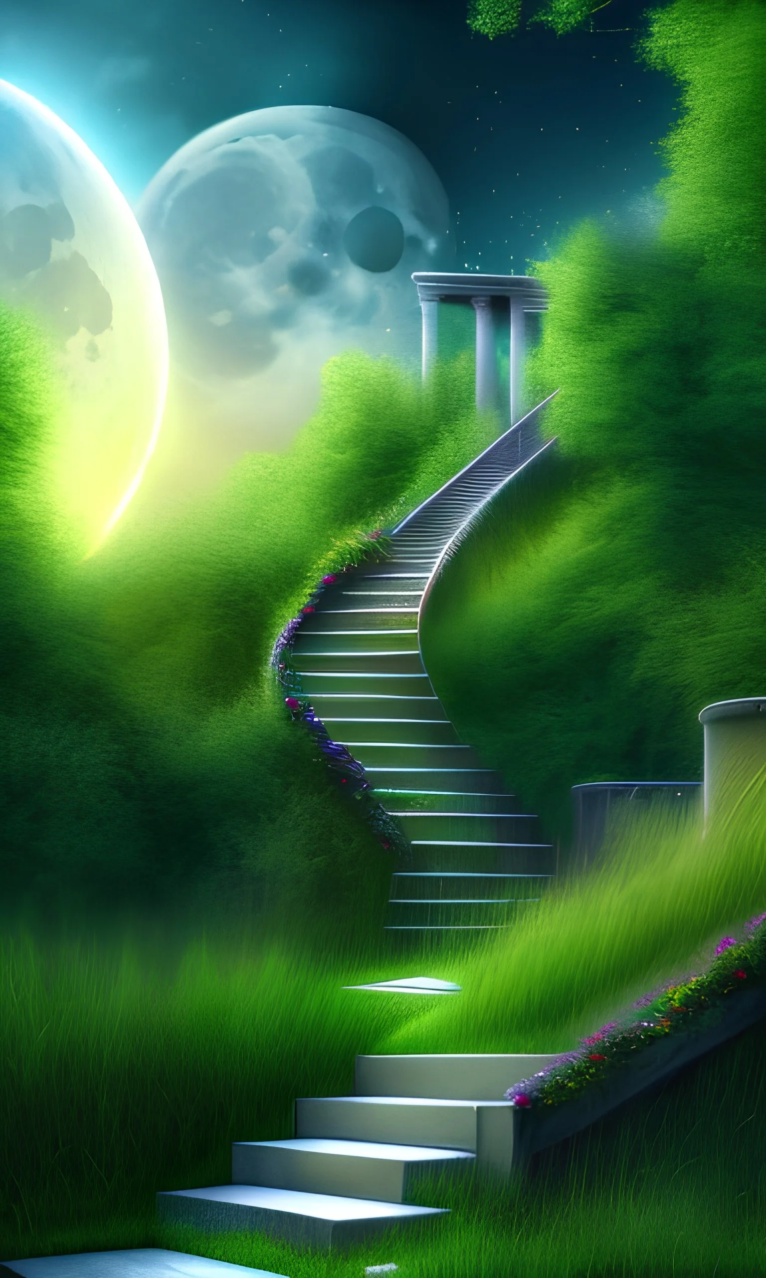 long stairway to Heaven, sky, clouds, waterfall on either side of the stairs, grass, realistic stairs, highly detailed, moon, magical, HD wallpaper, trending on artstation, 64k