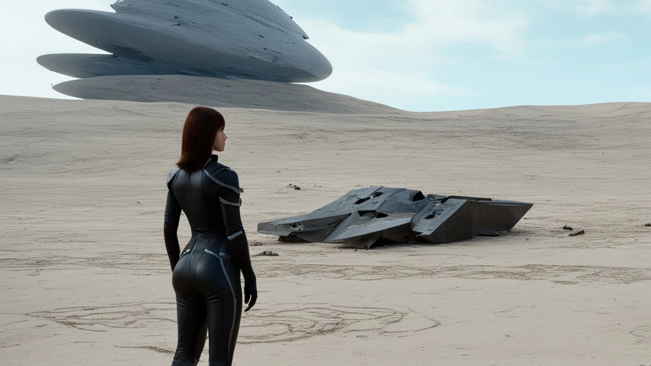 A woman in a catsuit standing on a beach of a rocky landscape with a crashed spaceship in the distance