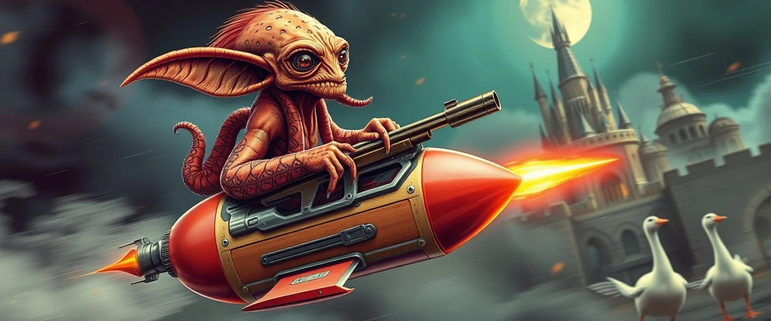hairy macho gremlin octopus lizard aliens living in a hi tech marvellous hot dog art graphics rocket with a mounted sling shot, heading for venus stone castle, background motion blur and smoke swirls, and cheeky geese