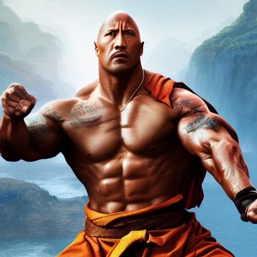 Fantasy, Dwayne Johnson as shaolin monk, heroic, award winning, insanely detailed, sunlit, realistic, fighting,acrylic paint, 8k resolution, hdr