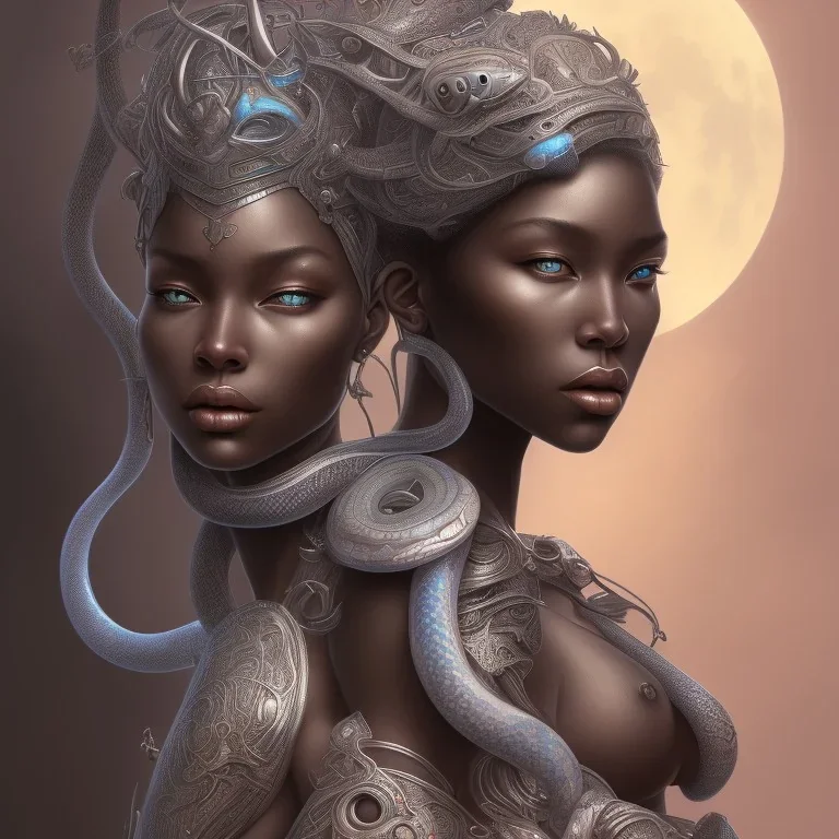 sango fantasy, fantasy magic, intricate, sharp focus, illustration, highly detailed, digital painting, concept art, matte, masterpiece head sexy view black African beauty black afro hair space lady silver snake skin African princess moon