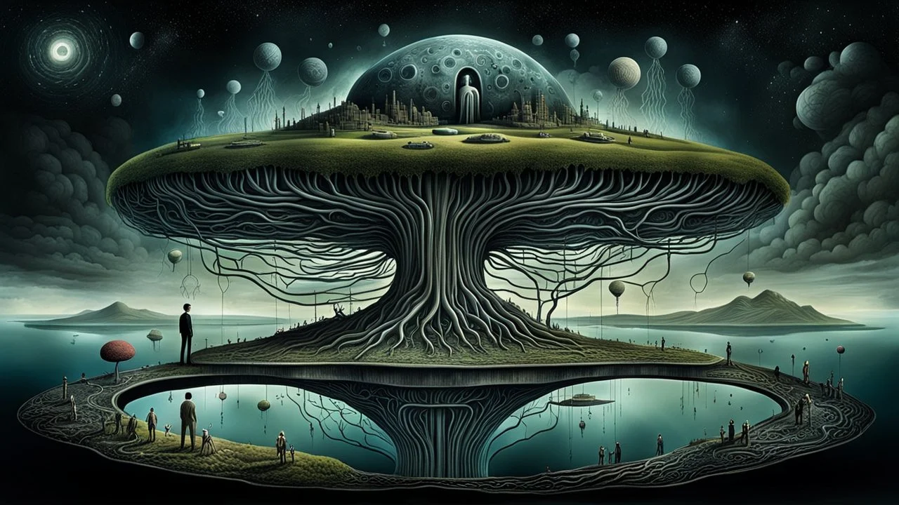 one alone human stands on deep dark colors floating island. the island floatings over normal neurotipical lifes on landscape with many little humans. this weird dreamlike inner world with neurodivergens soul and mind,, Whimsical strange style of Chagall, of Bosch of giger and Anton Semenov. weird absurd beauty nightmare, in background neuronic network, Whimsical surreal vibe, cinematic