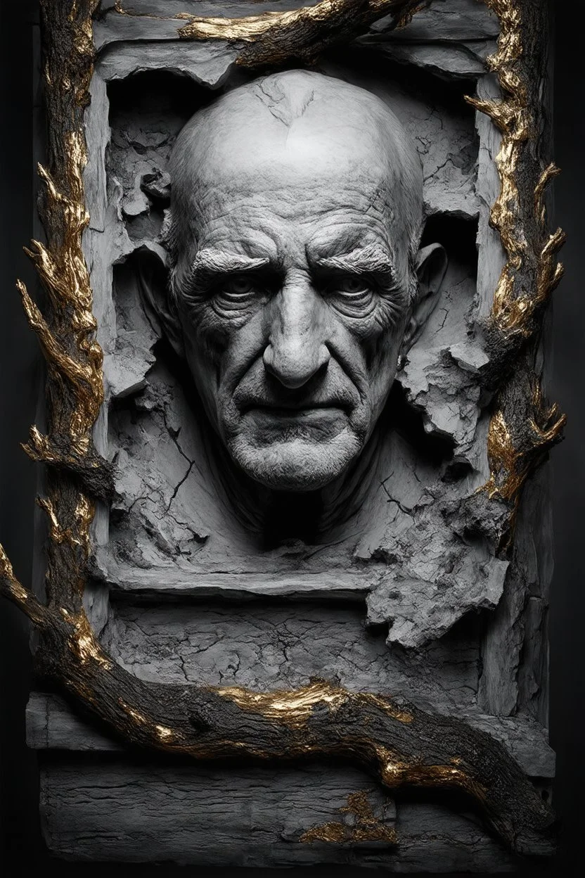 surrealis monochrome A fragmented, surreal sculpture liguid color of photorealistic image 3d,psychedelic art of an old man face glossy emerging from dreamlike a crumbling building. The face appears pale with deep cracks and intricate details, evoking a haunting expression. Blackened tree branches intertwine with the gold mengkilat cracks, set against a backdrop of stormy, cloud-filled skies. bauhaus art The overall tone is dark and moody, suggesting themes of decay and transformation. Include