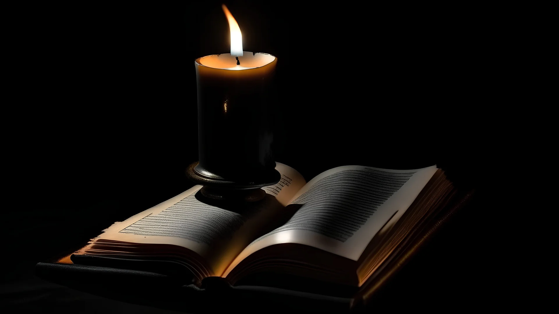 an open book with torn pages lit by a candle against a black background