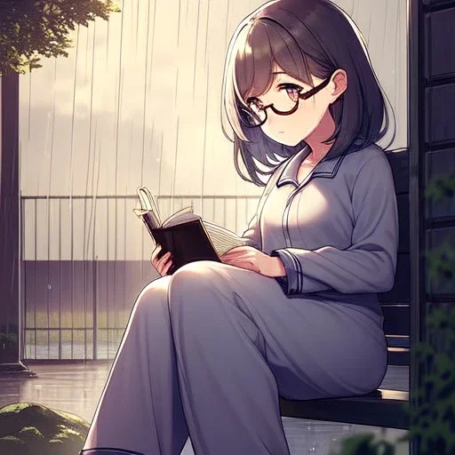 anime girl writing with a pencil in a book sitting on a porch swing of a very old house in the rain, wearing pajamas,wearing glasses, rain and raindrops