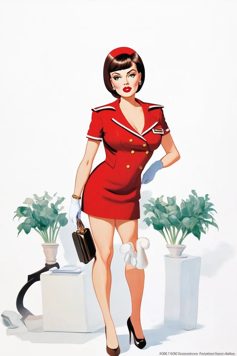 cartoon style full body image of very feminine, dark brown haired 50 year old sexy stewardess in red uniform with short bob cut and strong, seductive makeup, smoky green eyes, highly shiny white plastic gloves, big thick pouty bright red lips, who looks a bit like Marilyn Monroe