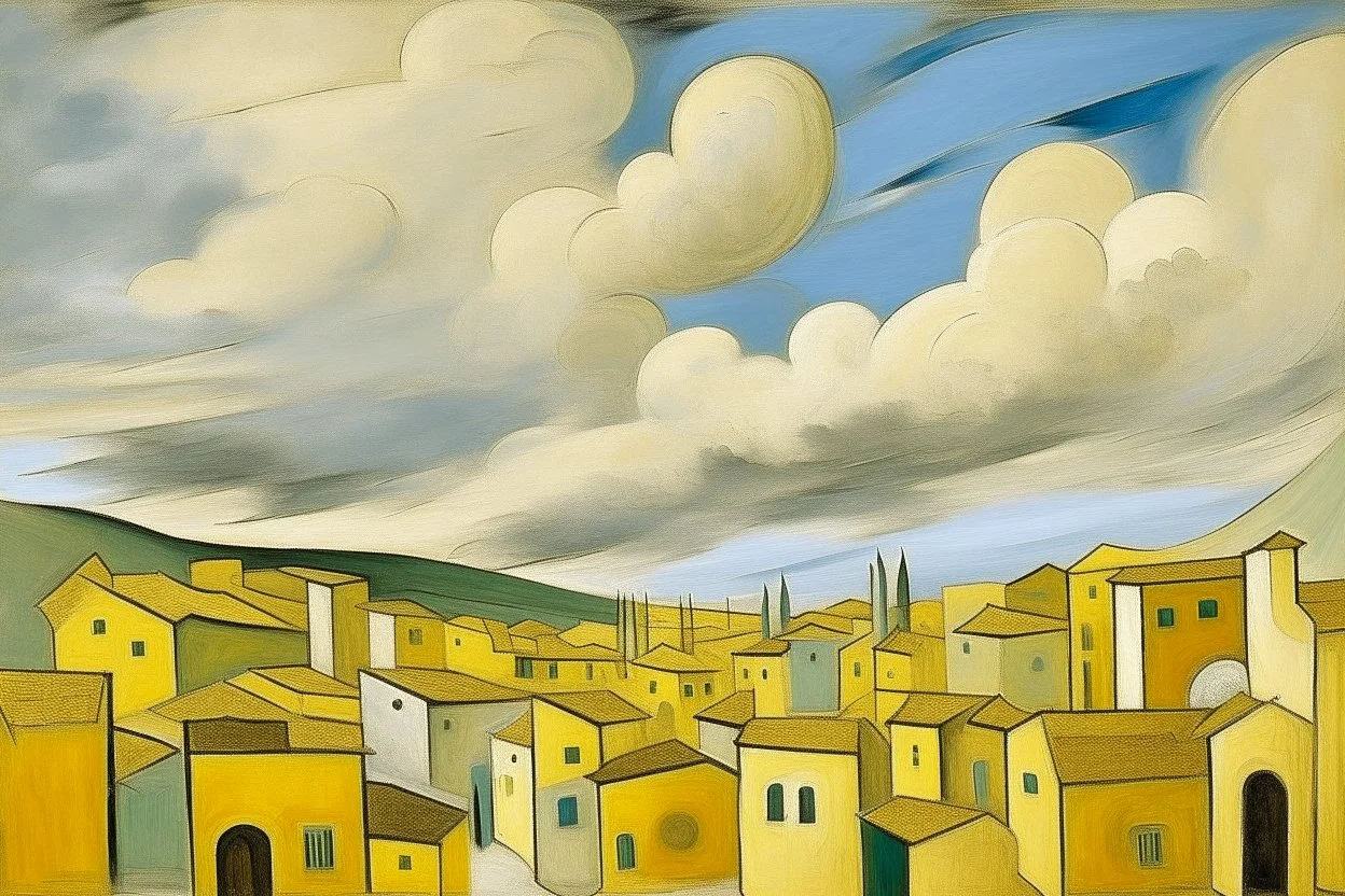 A light yellow Greek town in the cloudy sky painted by Pablo Picasso