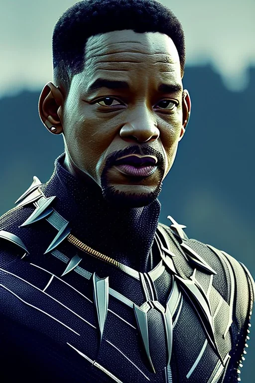 Potrait of Will Smith in black panther suit, no mask,agry yelling, dark forest, intricate details, full portrait, keep head in frame, highly detailed, digital painting, concept art, sharp focus, 8k, cinematic, dynamic lighting, realistic, HDR, octane render