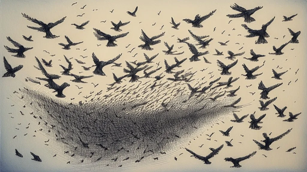 handmade drawing of a swarm of birds in the sky