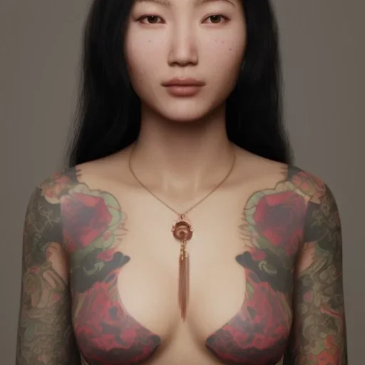 asian woman with chest tattoos