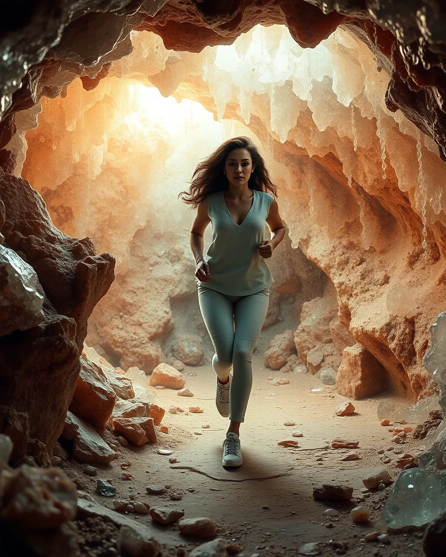 make a picture pretty crystal cave covered with jwells and 3d recursive cubic and sphere base pearls and Gemstone species, a beautiful goddess lady with curvy hair,makeup, in pretty modern today pants and loose shirt and sport shoes with jewels is running inside cave ,dynamic camera fallow her inside cave capturing full body, dynamic lights.