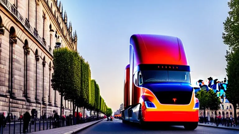 A Tesla semi-truck is racing at top speed, by the Notre-Dame Cathedral, in Paris. CINEMATIC. WIDE ANGLE LENS. PHOTO REAL.