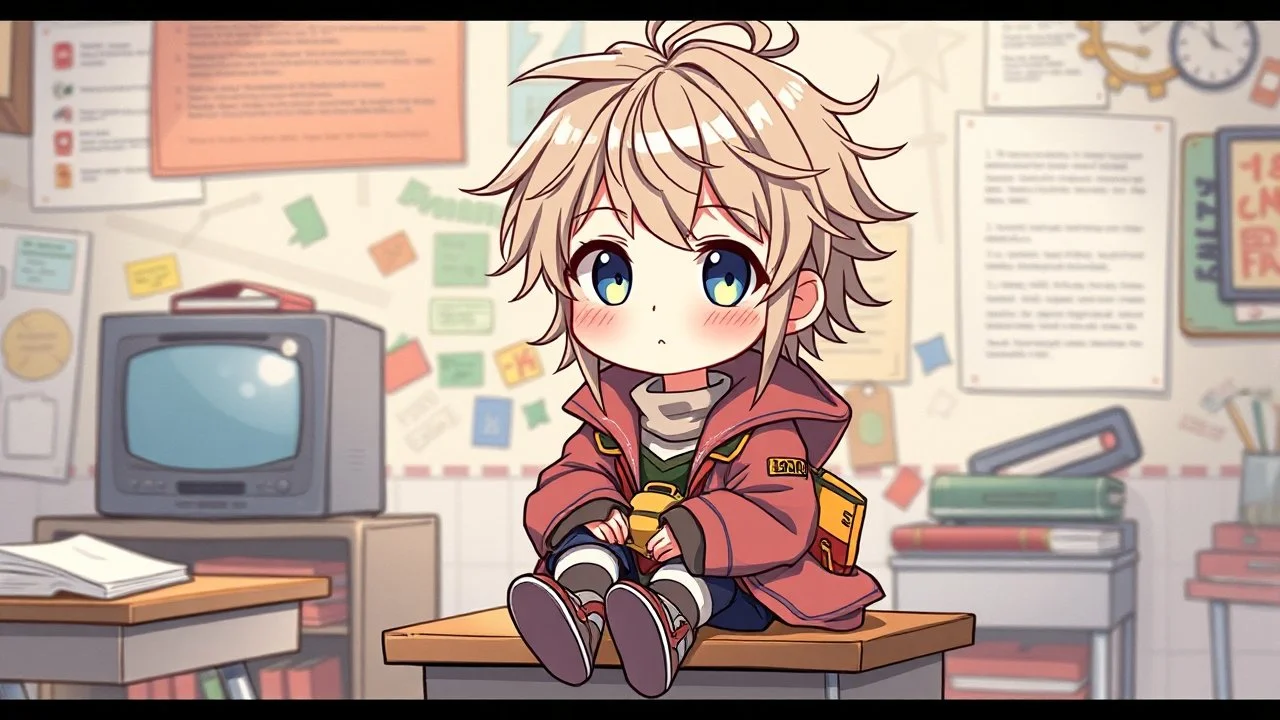 detailed digital art style, cute anime, detailed chibi face, sitting on school desk in colorful modern-fantasy clothes , messy hair random background, childbook style, highly detailed no photorealism
