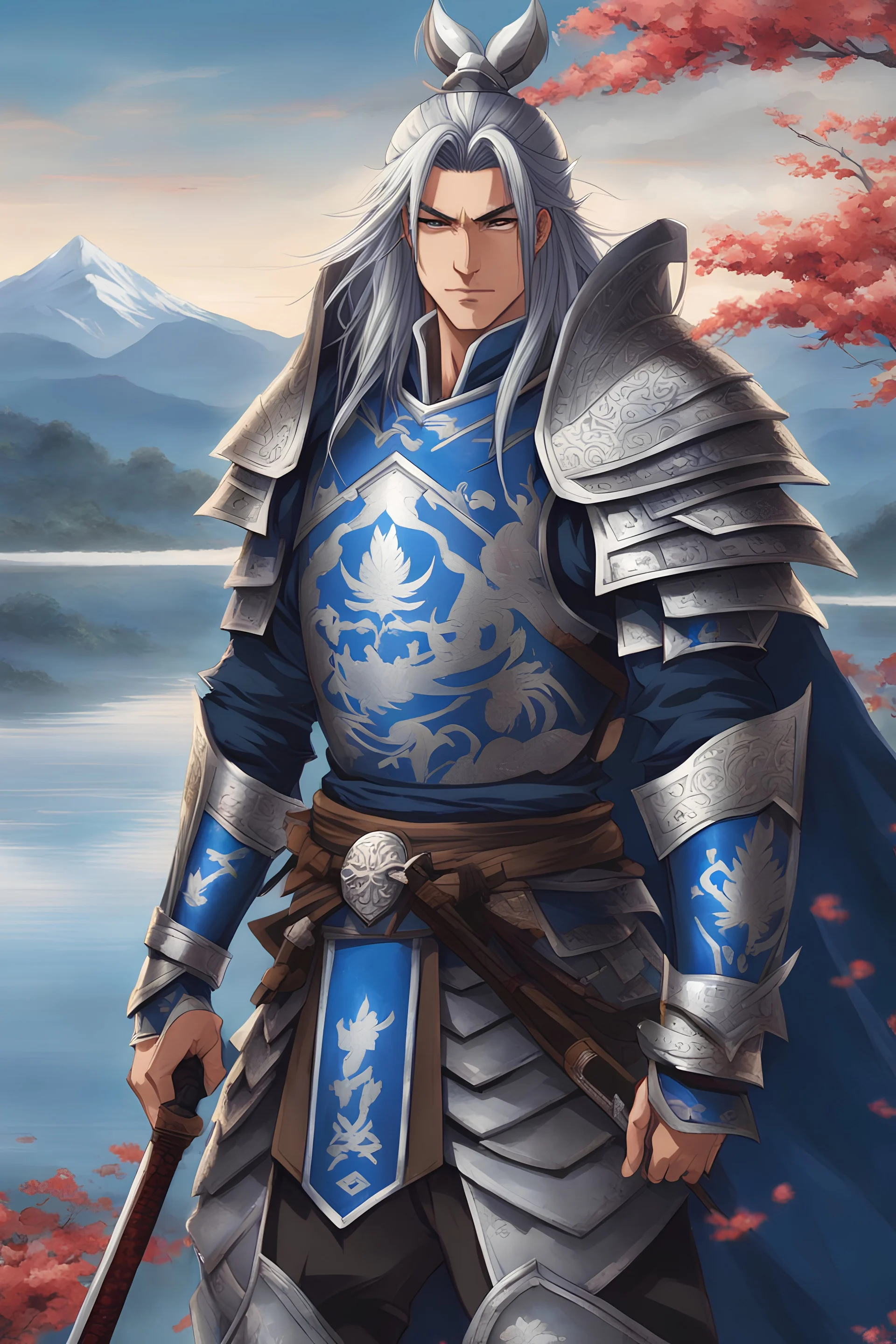 Portrait of a 30 years old handsome samurai in blue and silver heavy armor, fantasy armor with crane sigils, Shredder vibes, Sengoku Basara, heroe vibes, fitness body, long silver hair, nobility vibes, gentle smile, nostalgic, heroic pose, japanese spear, 8k, Japanese lake in the background, anime style, perfect anatomy, centered, approaching perfection, dynamic, highly detailed, looking badass, action scene, Hiro Mashima art style, japanese art style