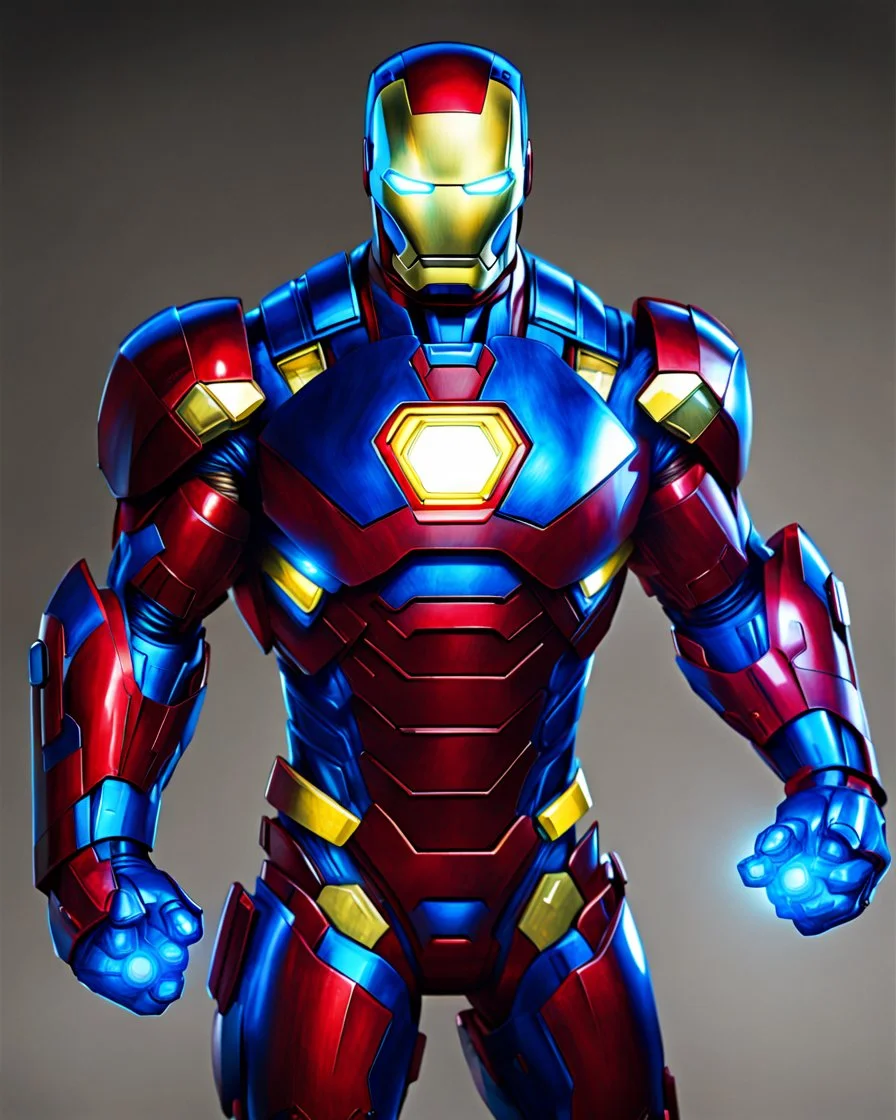 Super Iron Man, blue and red and yellow armor, kryptonite powered,