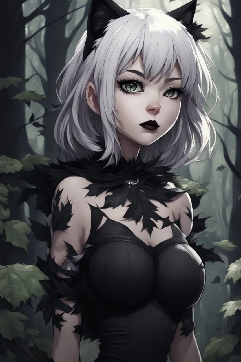 CAT GIRL, goth, forest, nature, cartoon, leaves, half black half white hair, boobs