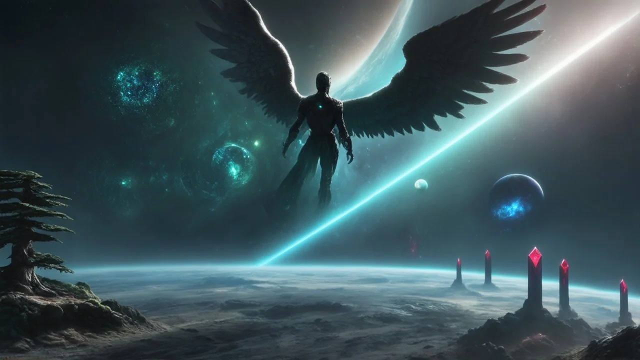 matrix, god creation, few planets on the back ground. small and large monoliths of red, blue, and green crystals of tiberium on the right side, seven space trees on the left side of the angel from the other dimensions.