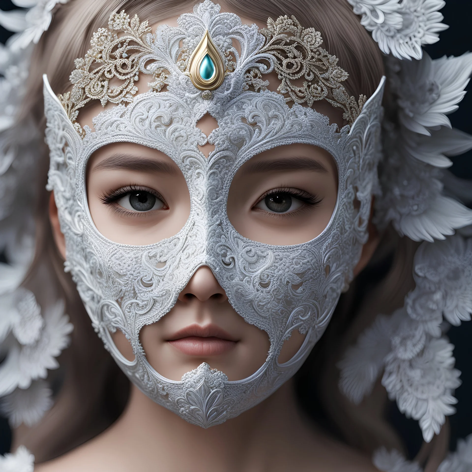 a close up of a person wearing a mask, a hyperrealistic painting, inspired by irakli nadar, zbrush central contest winner, little girl, fractal lace, realistic anime 3 d style, ultra _ realistic, lulu chen, wearing mask, ultrarealistic photography, ultra realistic picture, shot with Sony Alpha a9 Il and Sony FE 200-600mm f/5.6-6.3 G OSS lens, natural ligh, hyper realistic photograph, ultra detailed -ar 1:1 —q 2 -s 750)