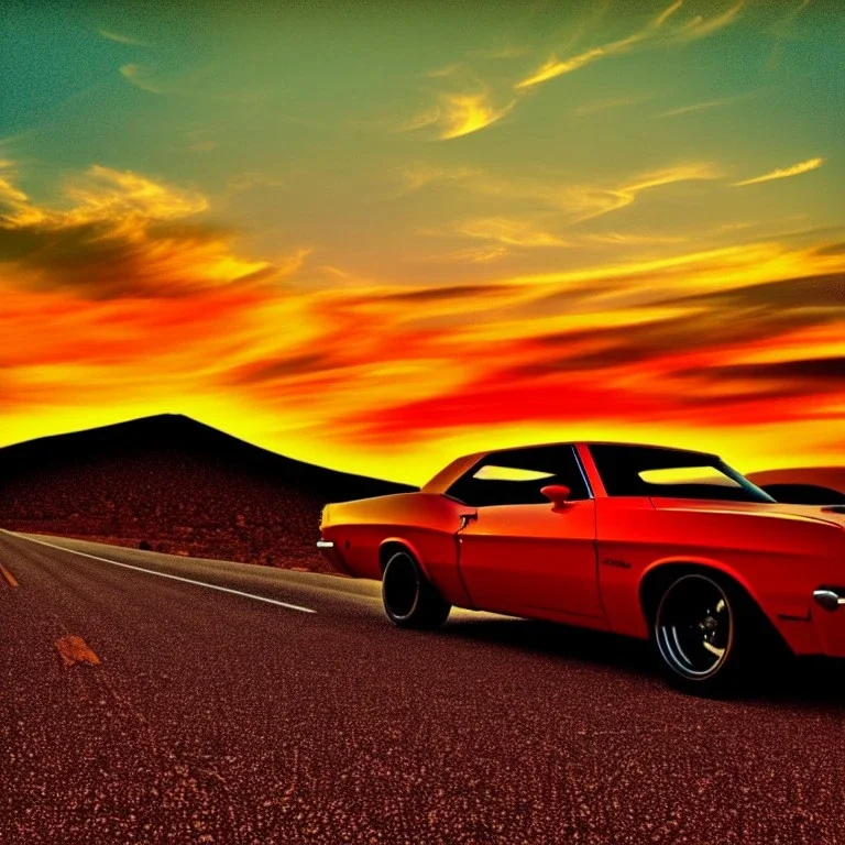 muscle car, desert road, sunset, full colour