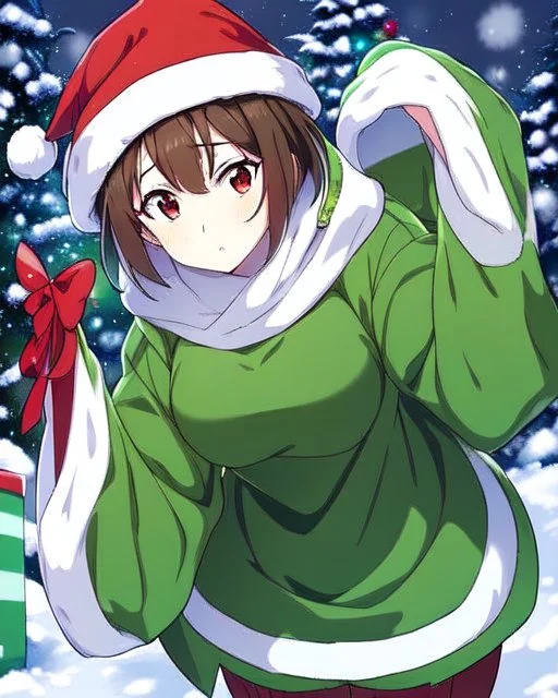 Girl with short brown hair, red eyes, green sweatshirt with a horizontal yellow stripe, he is wearing a Christmas hat, and in the background there are trees in the cold winter with lots of snow, Anime Hq style