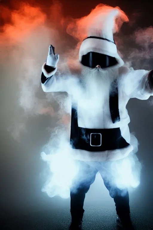 All Black santa, ghost, wearing high tech mask, white smoke, dark, rage, sorrow, high definition, ultra 8 k, volumetric lighting, blue fire, fog