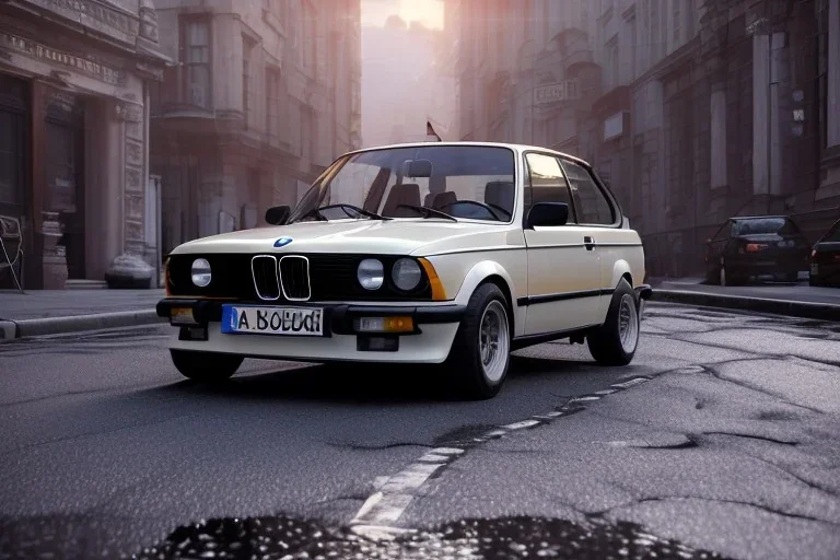 a 1990 bmw 2-door 4k ,ultra realistic,concept, 4k ,on street, parked in crowded city winter