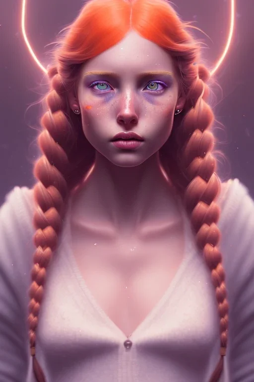 girl, cute, beautiful, orange hair, two braids, wild bangs, blue eyes, big eyes, freckles, long eyelashes, pink lipstick, thin lips, small nose, Gillian from Practical Magic, 8k resolution concept art portrait by Greg Rutkowski