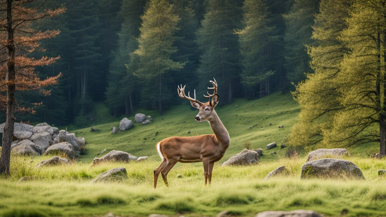 deer in forest next to rocks and grass fields