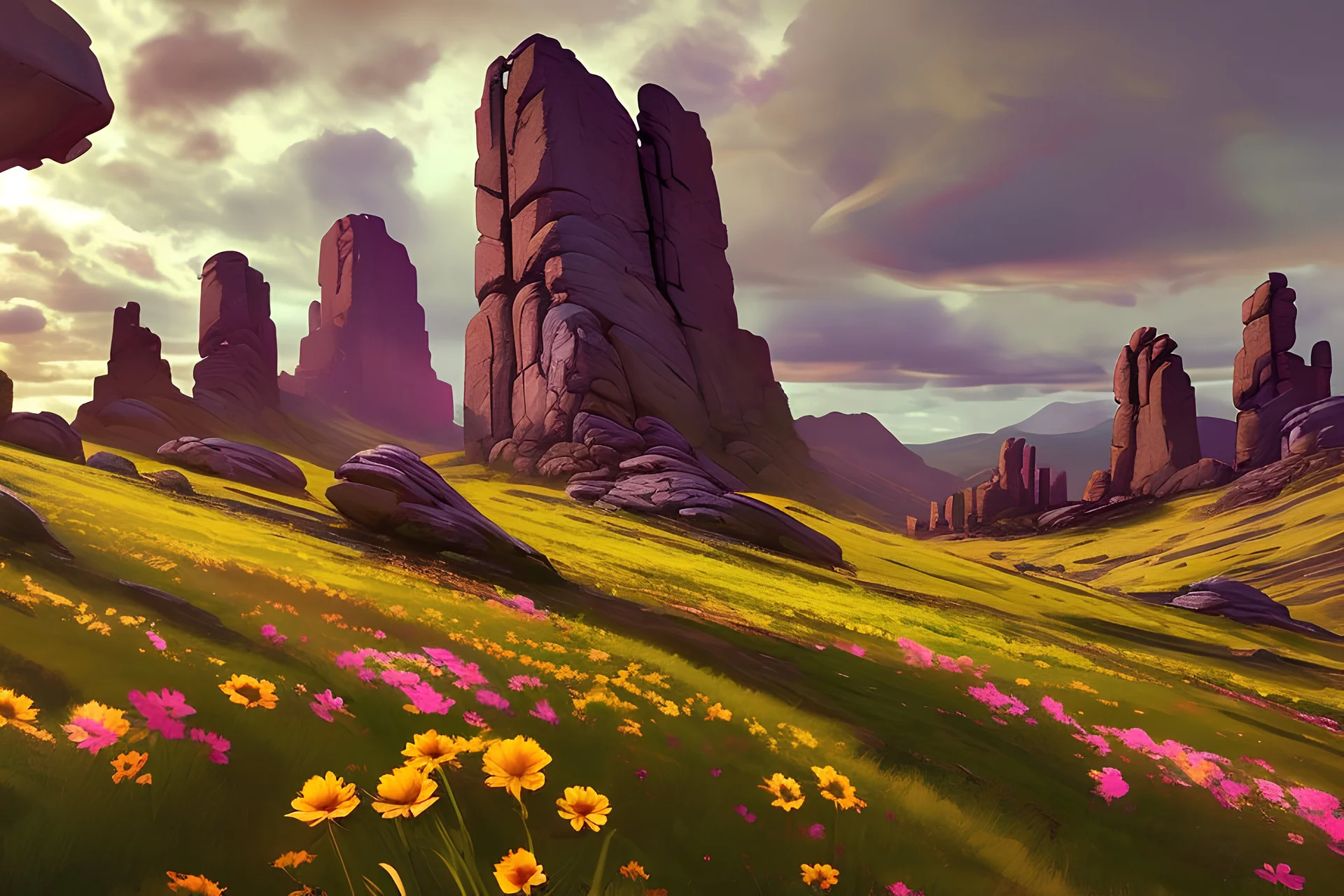 Sunny day, clouds, flowers, mountains, spring, rocks, rocky land, sci-fi, photography