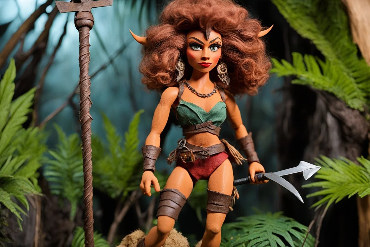 (1960's stop-motion animation puppet, in the style of Ray Harryhausen) Close-up shot of Shanna the She-Devil, the jungle girl, executed as a handcrafted articulated armature puppet. She stands 10 inches tall within a detailed stop-motion diorama of a primordial jungle, built with layers of textured painted paper, foam, dried moss, and miniature tropical foliage. Shanna wears a carefully stitched leather and felt leopard print two-piece swimsuit (revealing outfit) with micro-textures mimicking fu