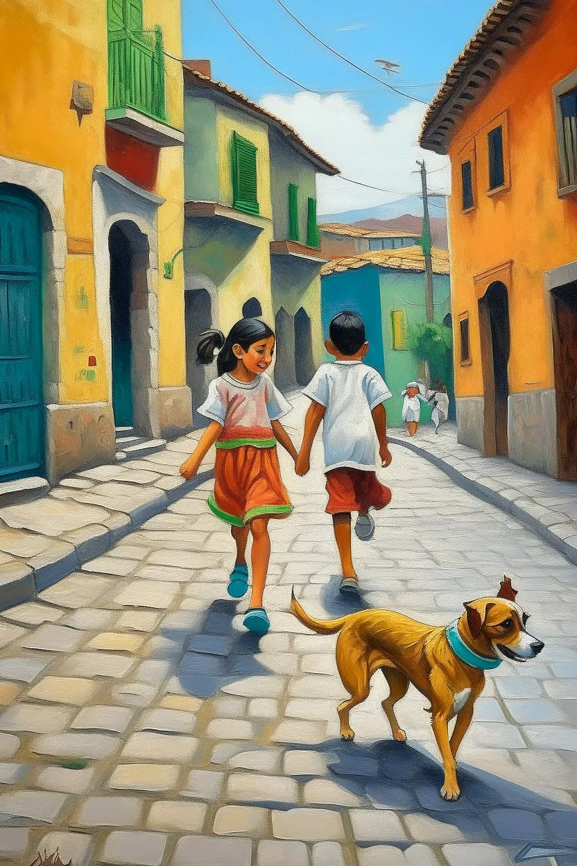 2 maxican childeren running traditional clothes painting neoclassism in a traditional mexican city from the back with dog