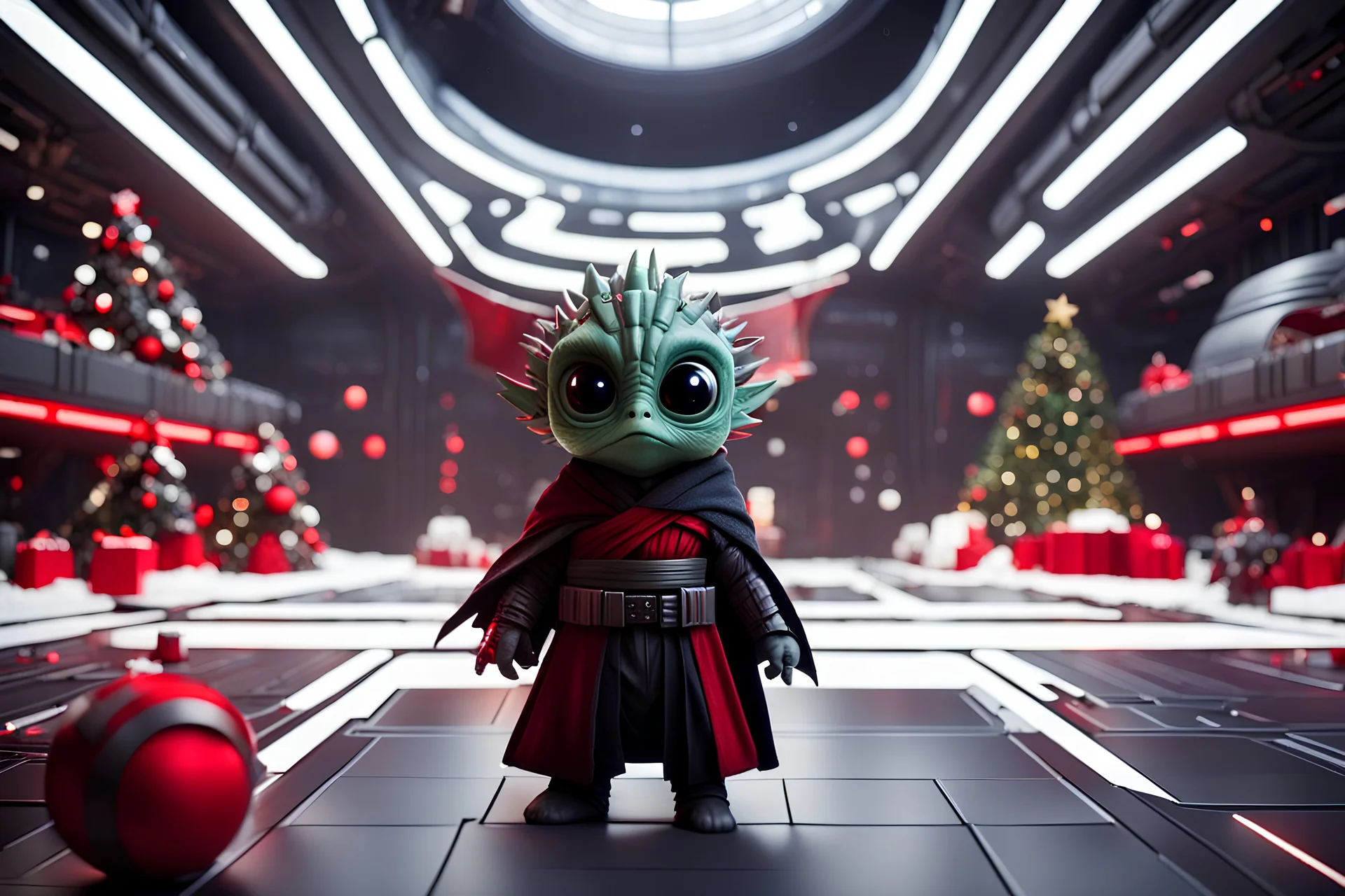 fluffy big eyed baby happy dragon sith lord in the big hall in second death star with few space ships on battle and a view to a star wars planet, and christmas tree and sith gifts, cinematic eye view