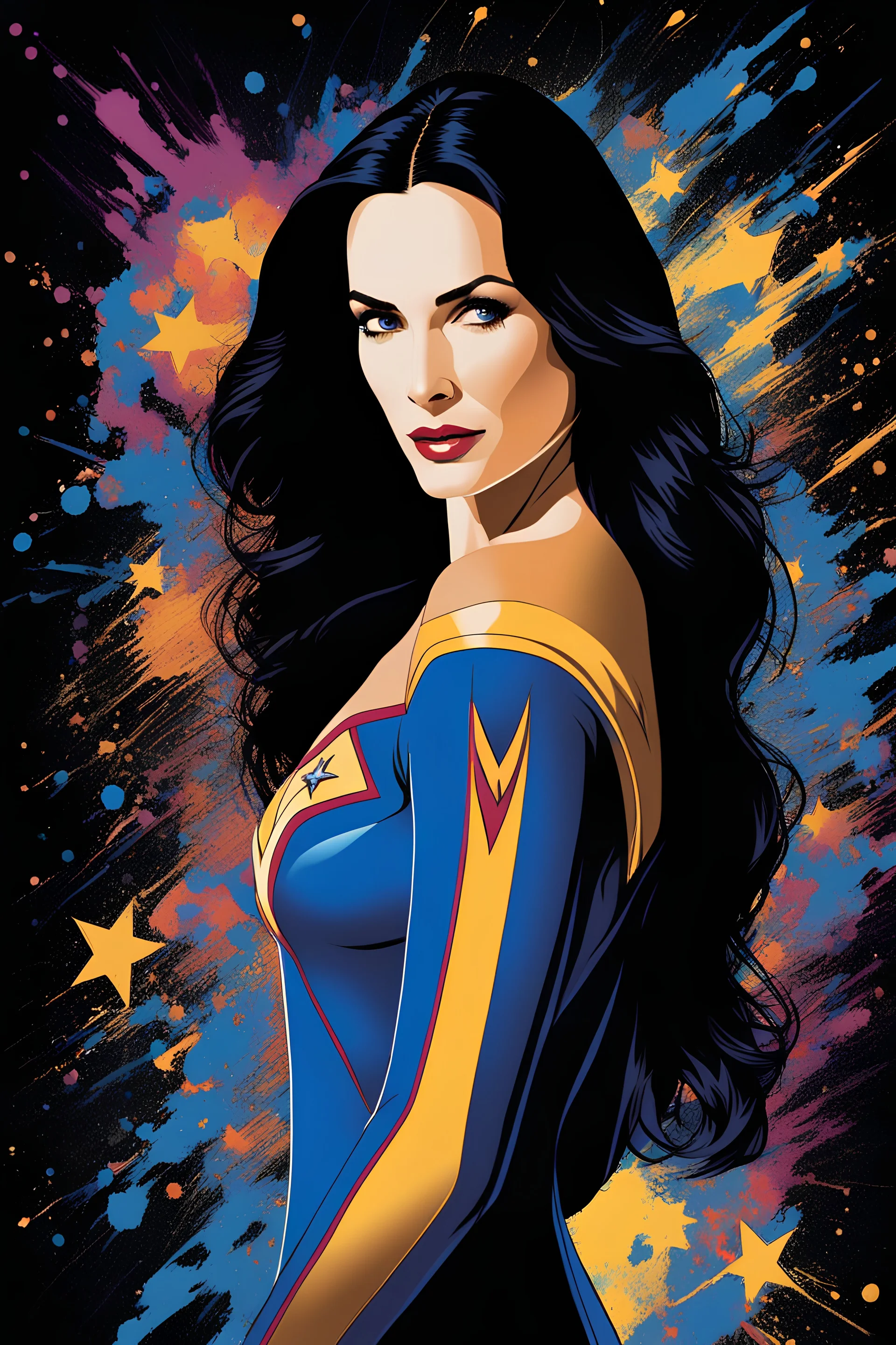 Pitch black background - multicolor splatter painting - 30-year-old Lynda Carter/Gal Gadot/Megan Gale/Demi Moore/Jennifer Connelly, who resembles Spock, with long, straight black hair, deep cobalt blue eyes, wearing a long-sleeved, blue, slit, mini dress with a plunging neckline and a star trek upside down V-shaped communicator badge on the left side of the chest -4k, 8k, 16k, 32k, 1080p, UHD, hyper realistic, photorealistic, lifelike, realistic, absolute reality,