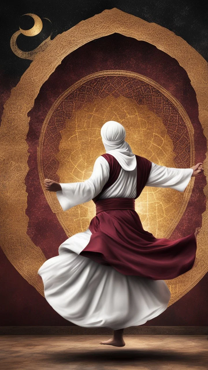 Hyper Realistic Sufi Whirling with Golden, Maroon & white Islamic Sufi Rustic Grungy Background with Islamic Architecture at night with black wind